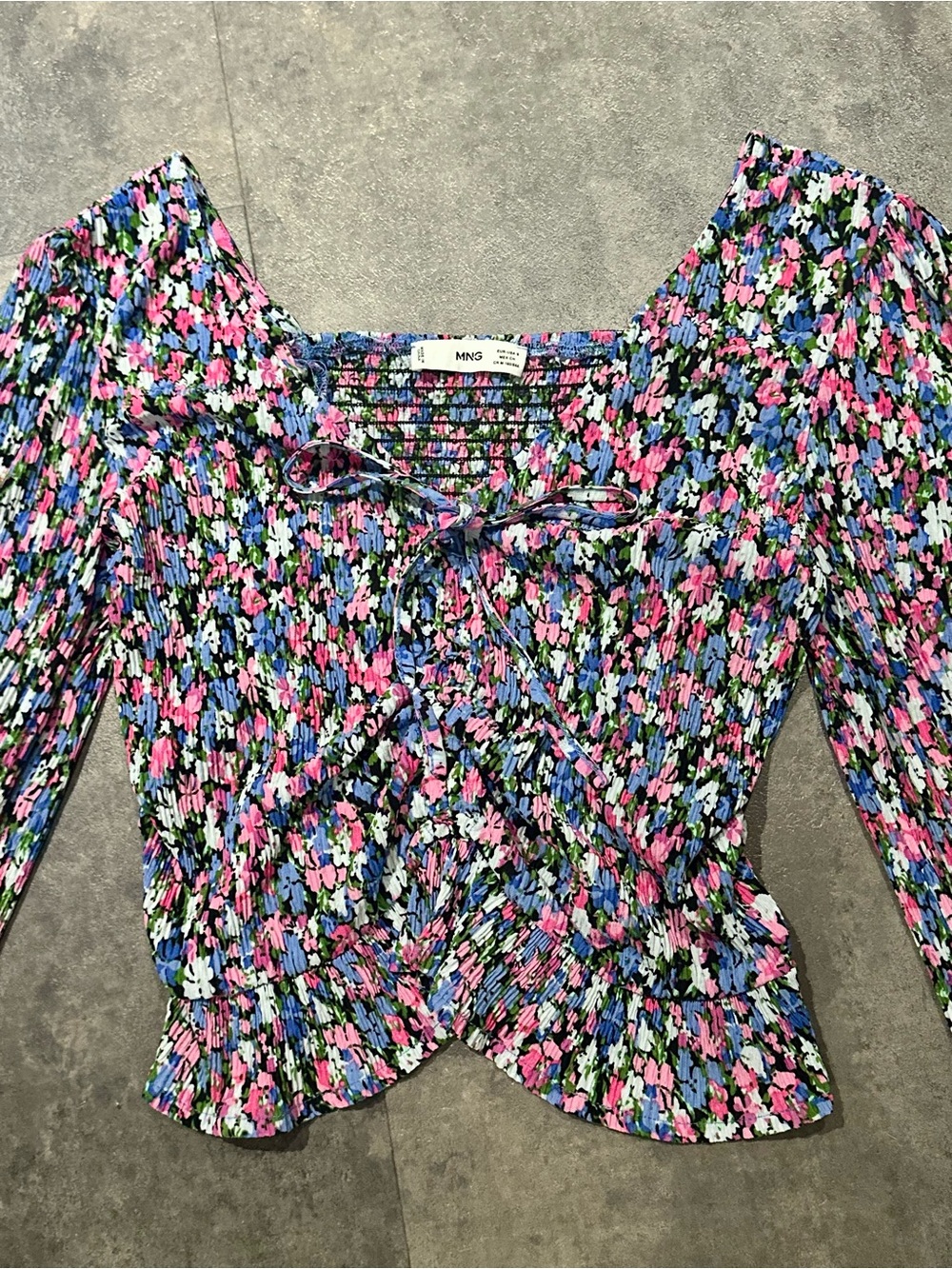 Mango Floral Smocked Tie-Neck Blouse in Pink/Blue/Green/White
